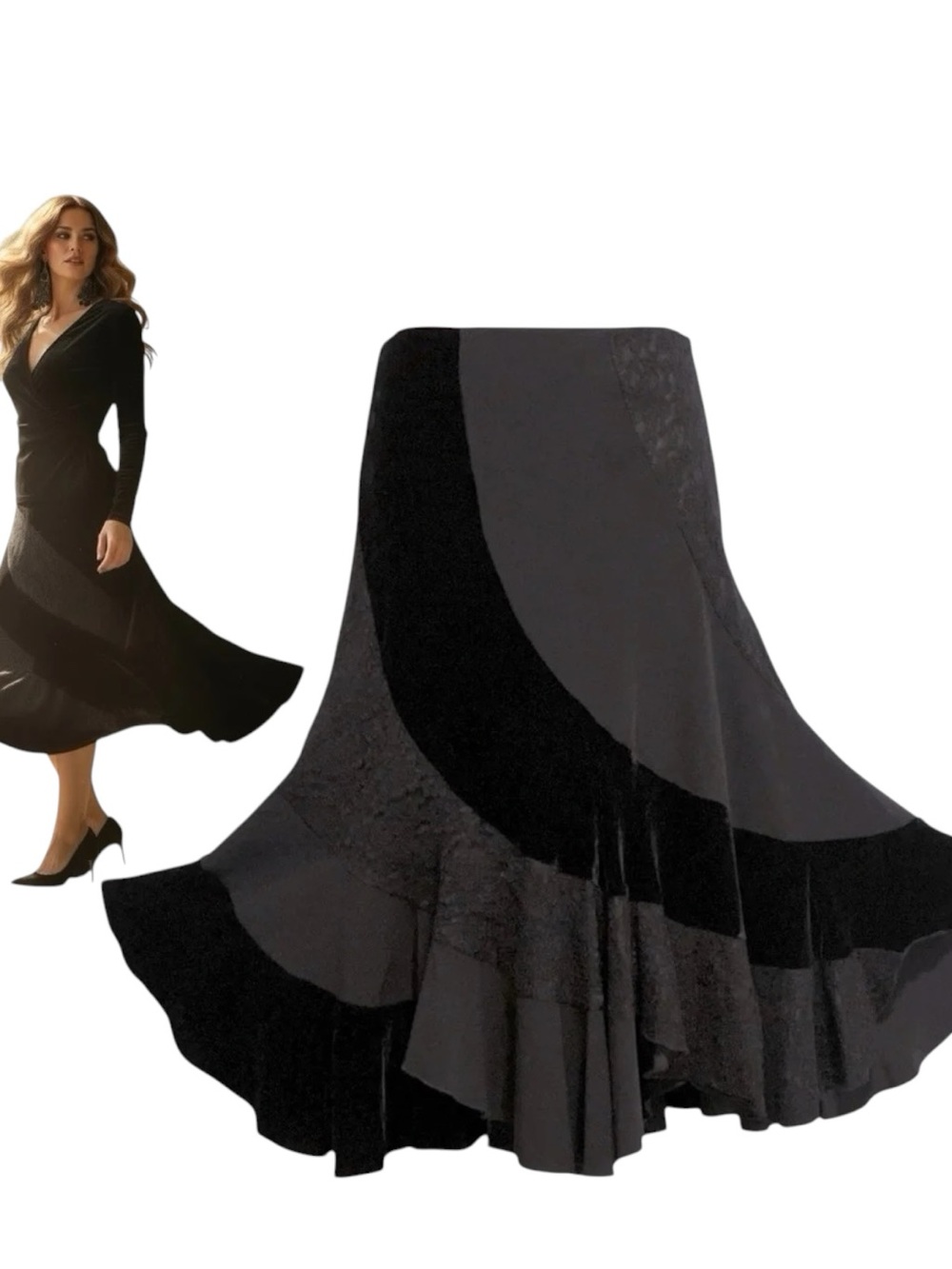 SunnyLeigh Vtg 90s Black Velvet Lace Crepe Midi Skirt Bohemian Asymmetric Flare4 - Picture 1 of 16